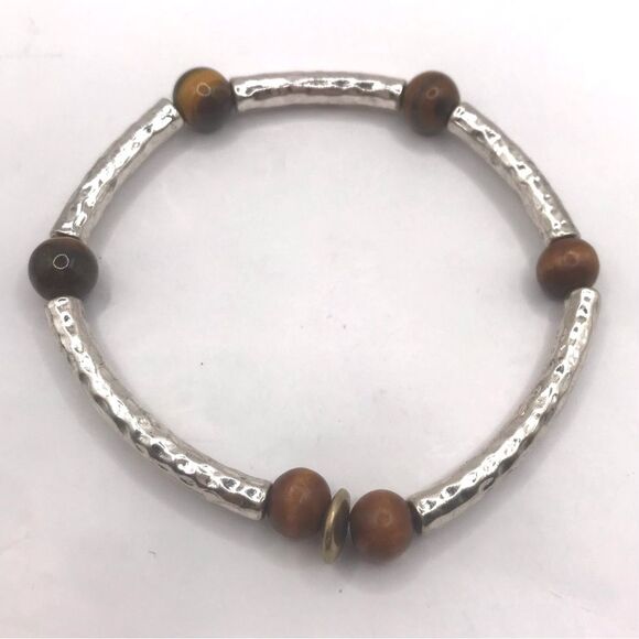 Silver Hammered and Tigers Eye Beaded  Stretch Bracelet - Picture 1 of 5